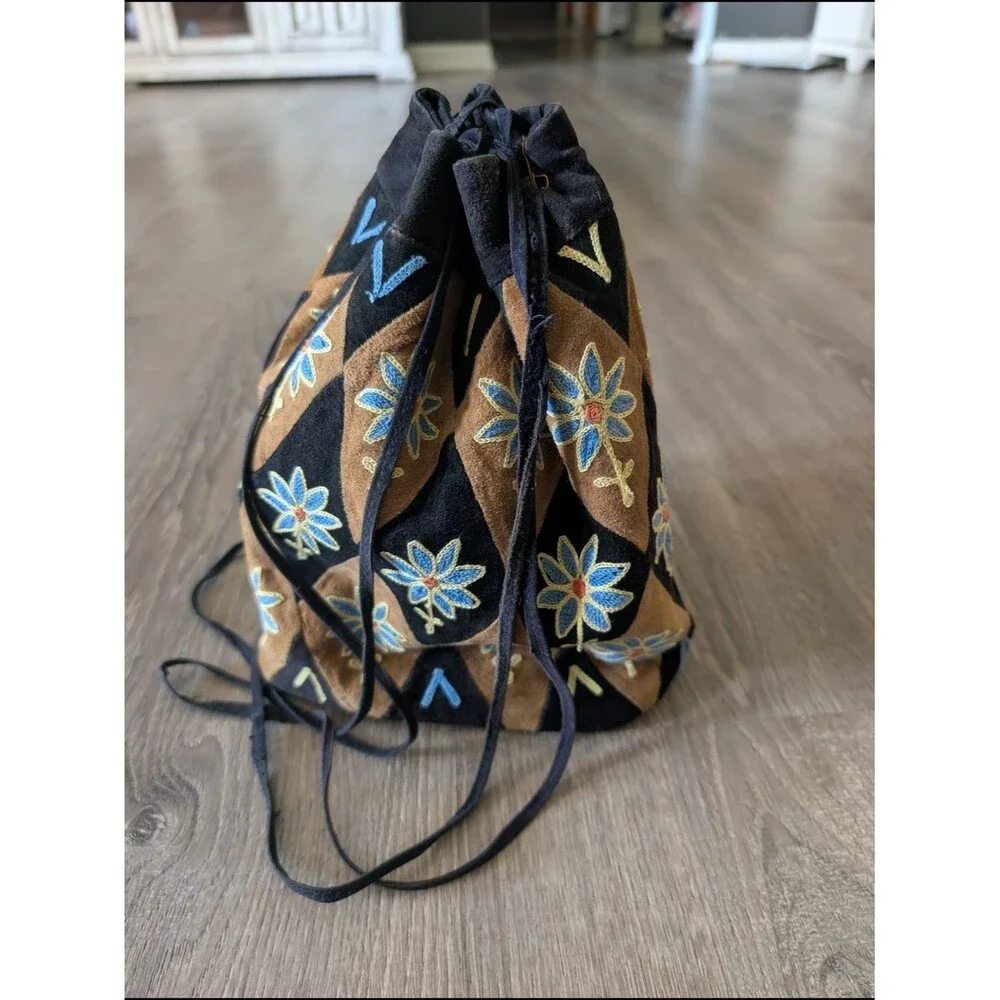 Embroidered Drawstring Suede Floral Bucket Bag - Black & Brown with Blue Flowers